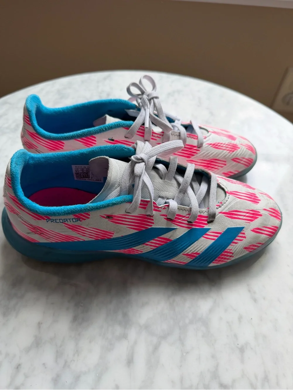 adidas Kids INDOOR soccer cleats with Pink Pattern and Blue Accents